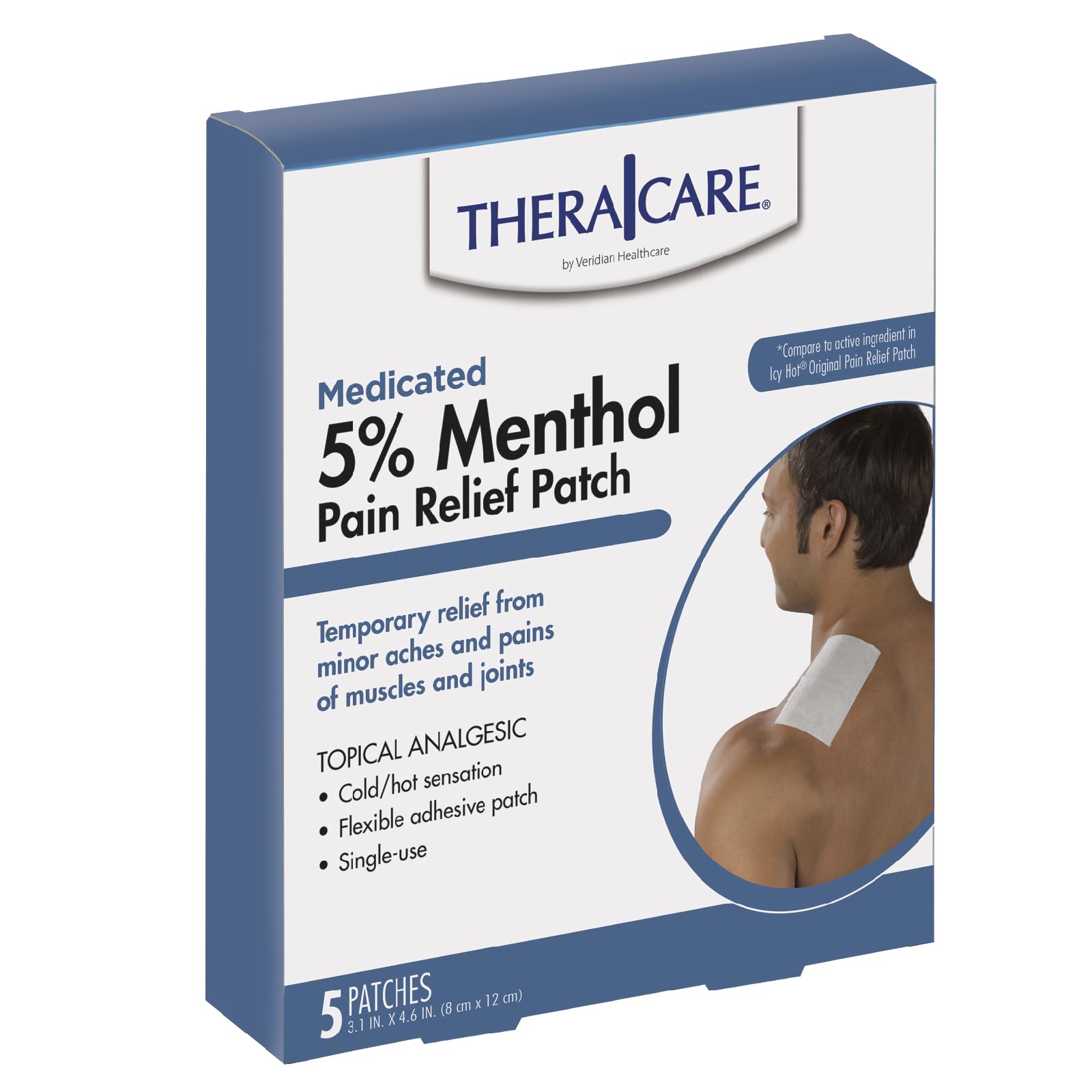 TheraCare Cold Hot Medicated Patch | 5% Menthol | Neck, Shoulder, Small Areas | 4.6” x 3.1” | 5-Count - Maple Wellness Supplements