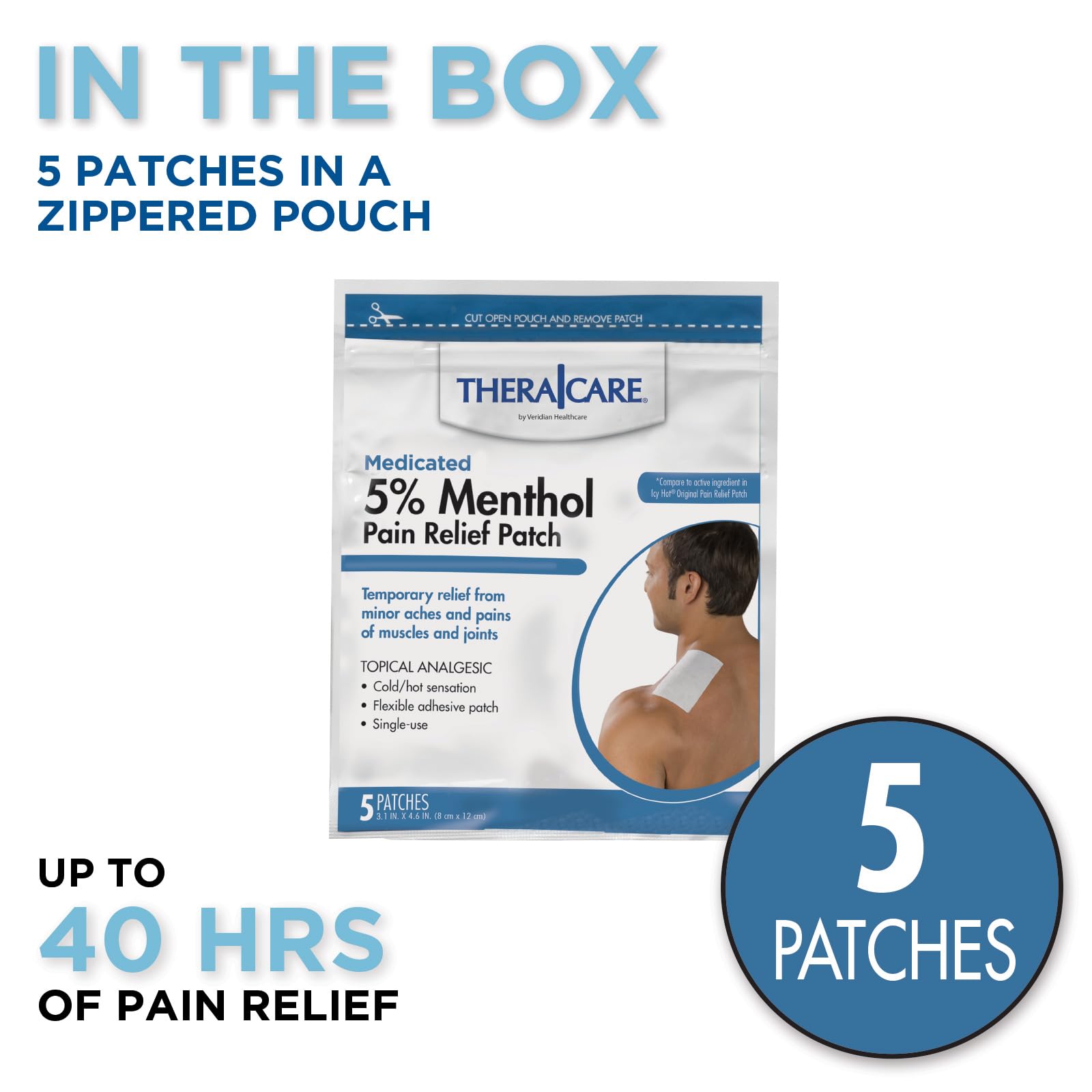 TheraCare Cold Hot Medicated Patch | 5% Menthol | Neck, Shoulder, Small Areas | 4.6” x 3.1” | 5-Count - Maple Wellness Supplements