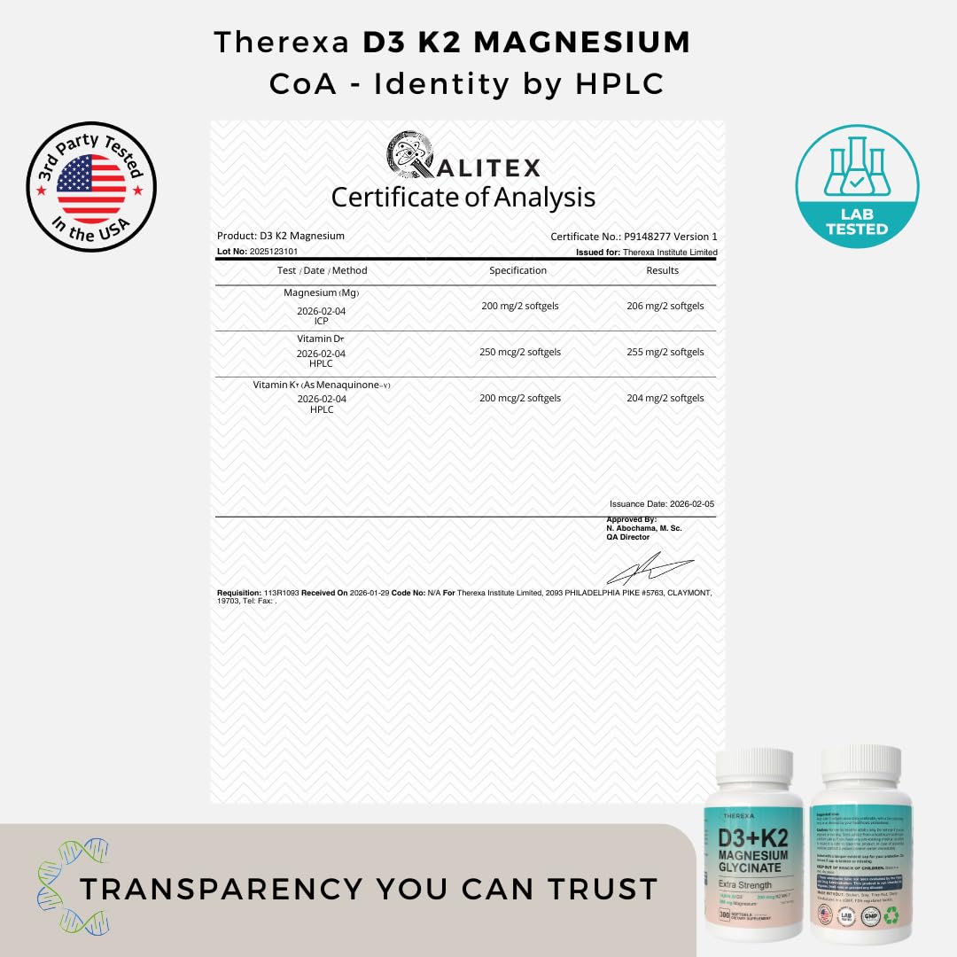 THEREXA Vitamin D3 K2 Magnesium Supplement - Extra Strength with 10000 IU Vitamin D3, Magnesium Glycinate and 200 mcg K2 MK-7 Vitamin Supplements Complex, for Women & Men - 300 Softgels - Maple Wellness Supplements