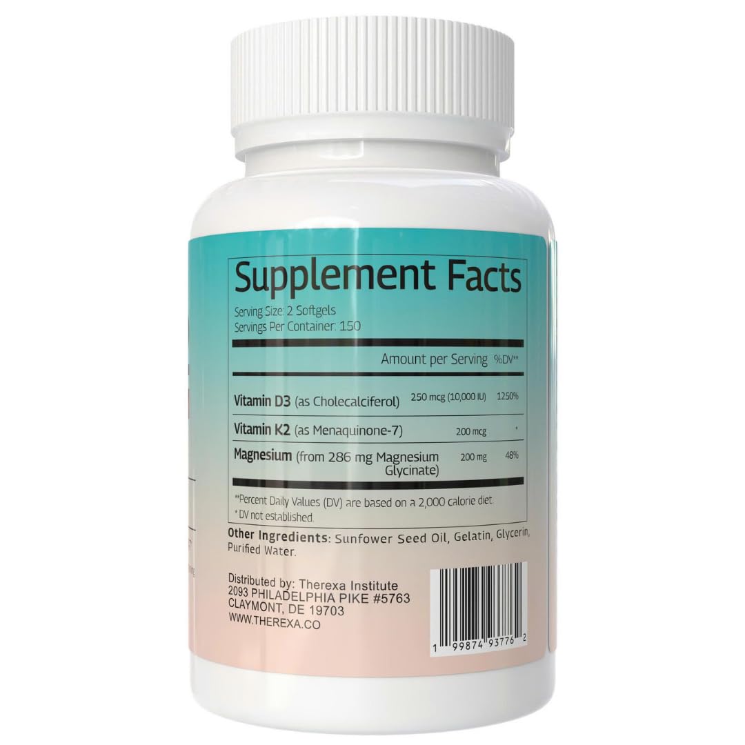 THEREXA Vitamin D3 K2 Magnesium Supplement - Extra Strength with 10000 IU Vitamin D3, Magnesium Glycinate and 200 mcg K2 MK-7 Vitamin Supplements Complex, for Women & Men - 300 Softgels - Maple Wellness Supplements