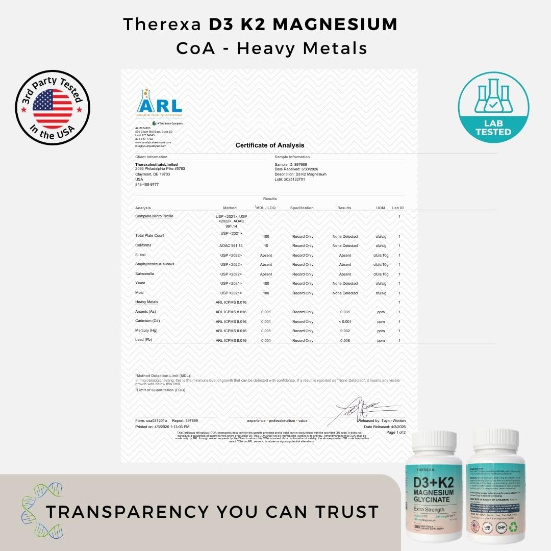 THEREXA Vitamin D3 K2 Magnesium Supplement - Extra Strength with 10000 IU Vitamin D3, Magnesium Glycinate and 200 mcg K2 MK-7 Vitamin Supplements Complex, for Women & Men - 300 Softgels - Maple Wellness Supplements