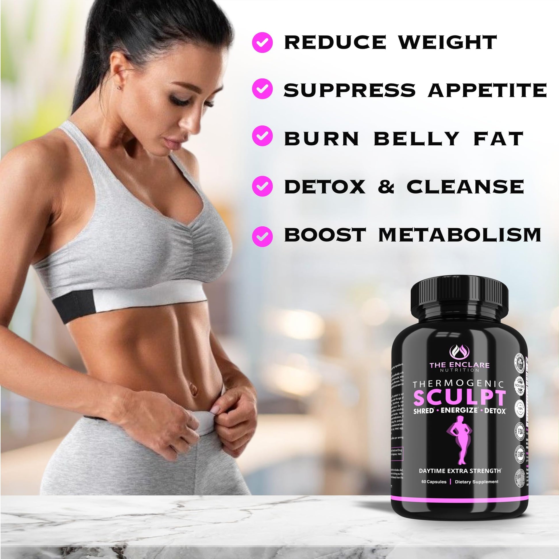 Thermogenic Appetite Suppressant, Supplement for Women & Men, Metabolism, Energy, Focus, Brain, Caffeine Pills with Chromium, Green Tea Extract, L Theanine, Sculpt 60 Capsules - Maple Wellness Supplements
