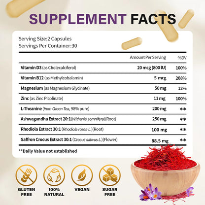 Theronika Aly Saffron Supplements – Blend with Ashwagandha, Safron, Rhodiola, Magnesium, L-Theanine, Zinc & B12, 88.5 mg Pure Saffron Extract Capsules Mood, Energy, Vision & Focus – 60 Vegan Capsules - Maple Wellness Supplements