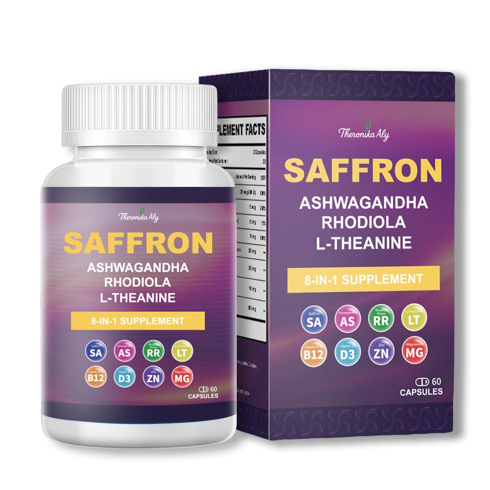 Theronika Aly Saffron Supplements – Blend with Ashwagandha, Safron, Rhodiola, Magnesium, L-Theanine, Zinc & B12, 88.5 mg Pure Saffron Extract Capsules Mood, Energy, Vision & Focus – 60 Vegan Capsules - Maple Wellness Supplements