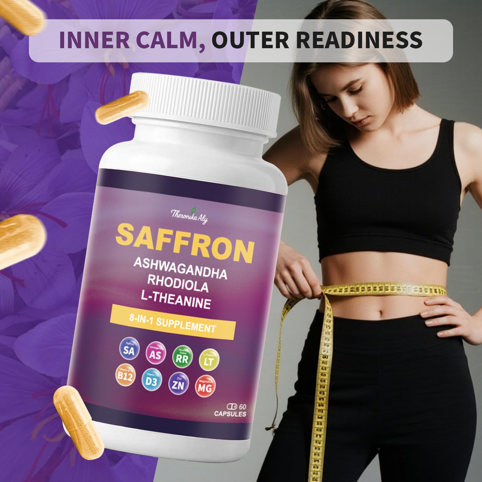 Theronika Aly Saffron Supplements – Blend with Ashwagandha, Safron, Rhodiola, Magnesium, L-Theanine, Zinc & B12, 88.5 mg Pure Saffron Extract Capsules Mood, Energy, Vision & Focus – 60 Vegan Capsules - Maple Wellness Supplements