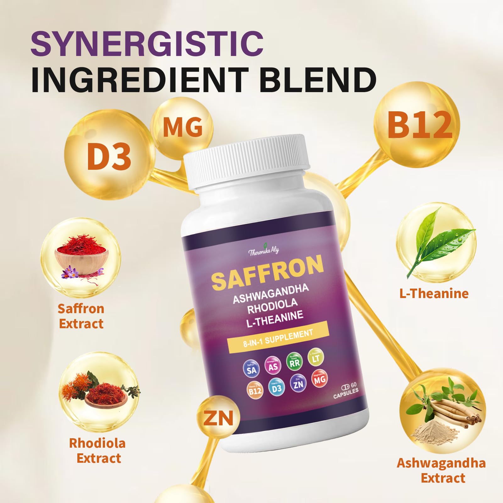 Theronika Aly Saffron Supplements – Blend with Ashwagandha, Safron, Rhodiola, Magnesium, L-Theanine, Zinc & B12, 88.5 mg Pure Saffron Extract Capsules Mood, Energy, Vision & Focus – 60 Vegan Capsules - Maple Wellness Supplements