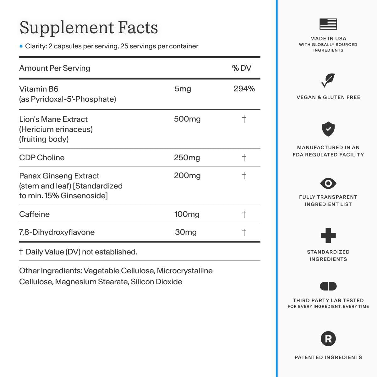 Thesis Clarity Nootropic Supplement for Men & Women with Lions Mane, CDP Choline, Panax Ginseng, Vitamin B6 & Caffeine, Cognitive Support Capsules, Vegan, Non GMO, 25 Servings - Maple Wellness Supplements