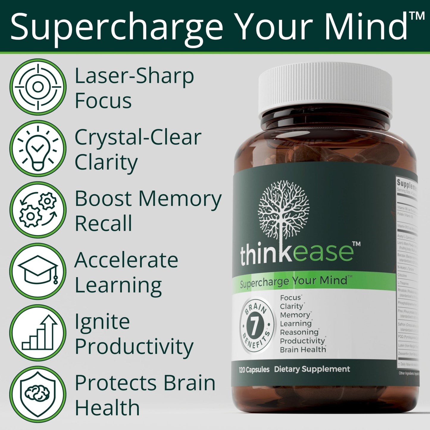 ThinkEase Brain Supplement (120 Capsules) | Memory, Mental Clarity, Focus, Cognitive Performance | Nootropic Supplement with L-Theanine, Acetyl L-Carnitine, Phosphatidylserine, Lion's Mane & More - Maple Wellness Supplements