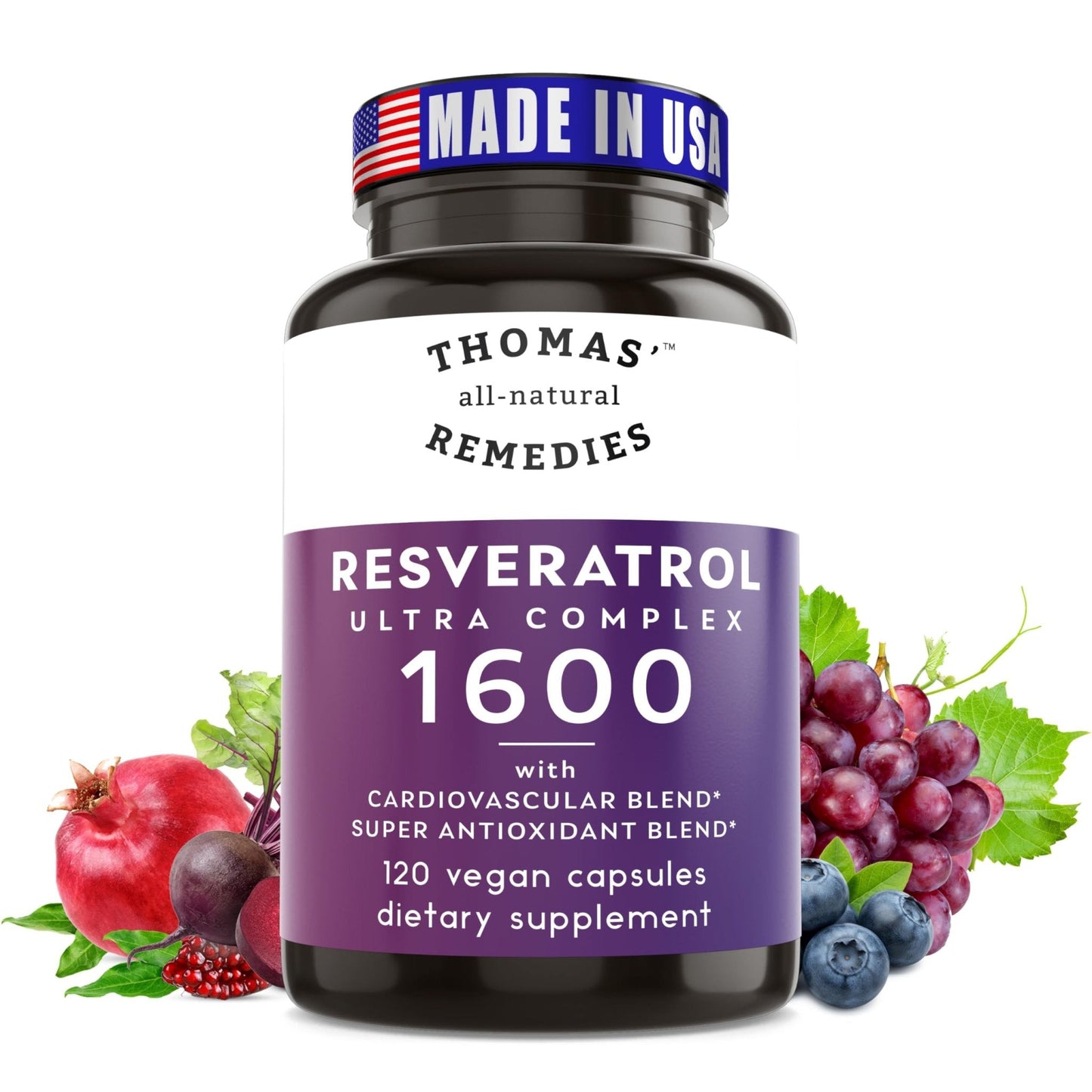 Thomas' all-natural Remedies Resveratrol 1600mg Organic Trans-Resveratrol Antioxidant Supplement with Organic Grape Seed Extract and Quercetin - Maple Wellness Supplements