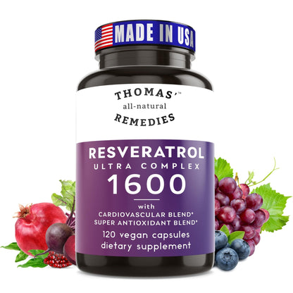 Thomas' all-natural Remedies Resveratrol 1600mg Organic Trans-Resveratrol Antioxidant Supplement with Organic Grape Seed Extract and Quercetin - Maple Wellness Supplements