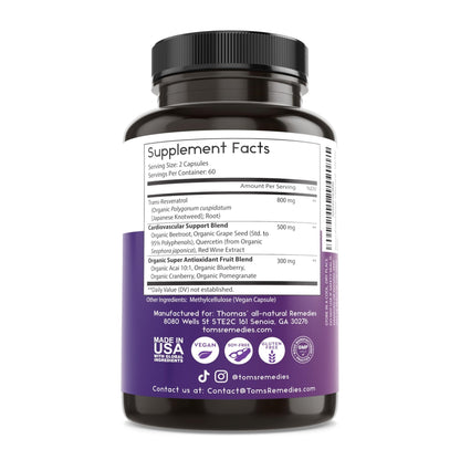 Thomas' all-natural Remedies Resveratrol 1600mg Organic Trans-Resveratrol Antioxidant Supplement with Organic Grape Seed Extract and Quercetin - Maple Wellness Supplements