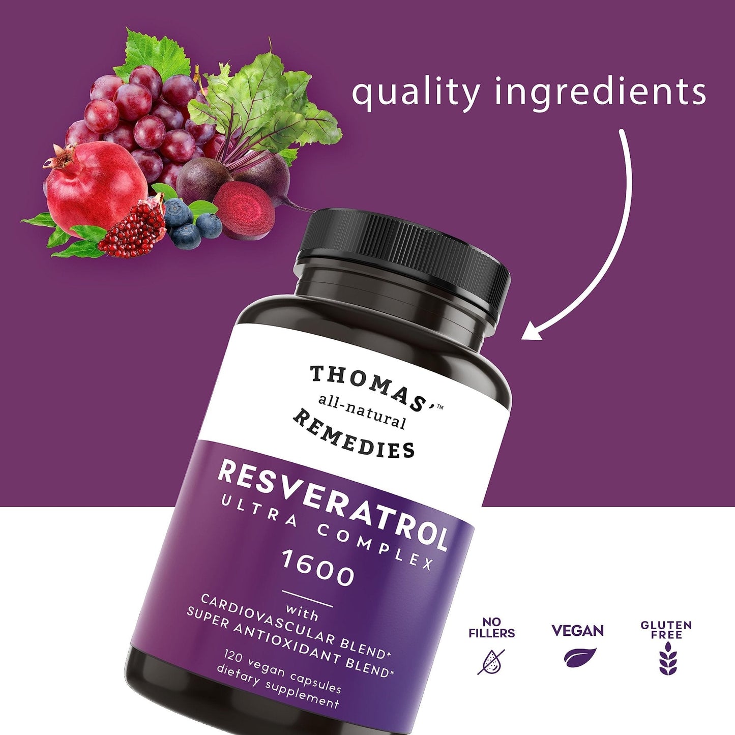 Thomas' all-natural Remedies Resveratrol 1600mg Organic Trans-Resveratrol Antioxidant Supplement with Organic Grape Seed Extract and Quercetin - Maple Wellness Supplements