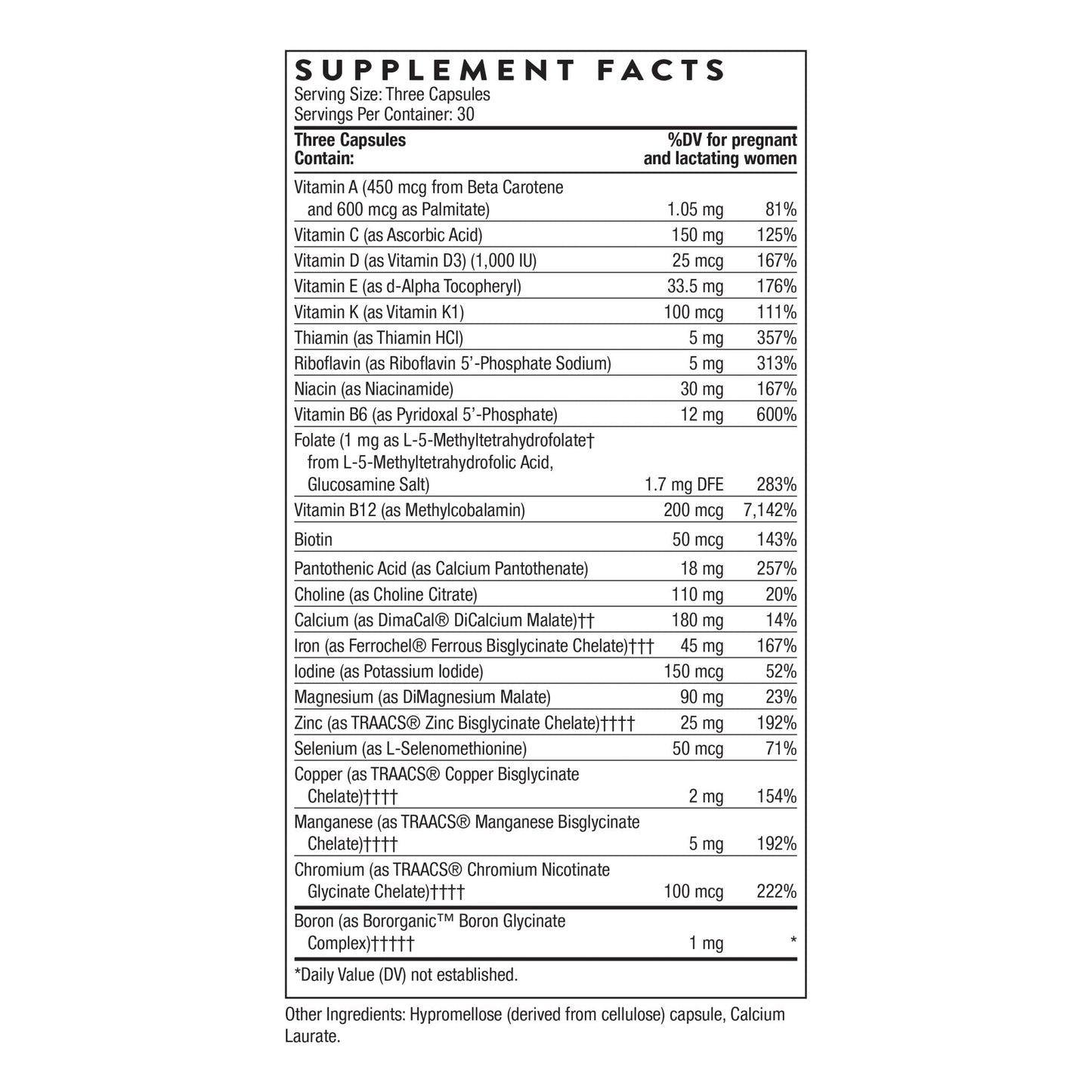 THORNE - Basic Prenatal - Well-Researched Folate Multi for Pregnant and Nursing Women Includes 18 Vitamins and Minerals, Plus Choline - Gluten, Dairy & Soy-Free - 90 Capsules - 30 Servings - Maple Wellness Supplements