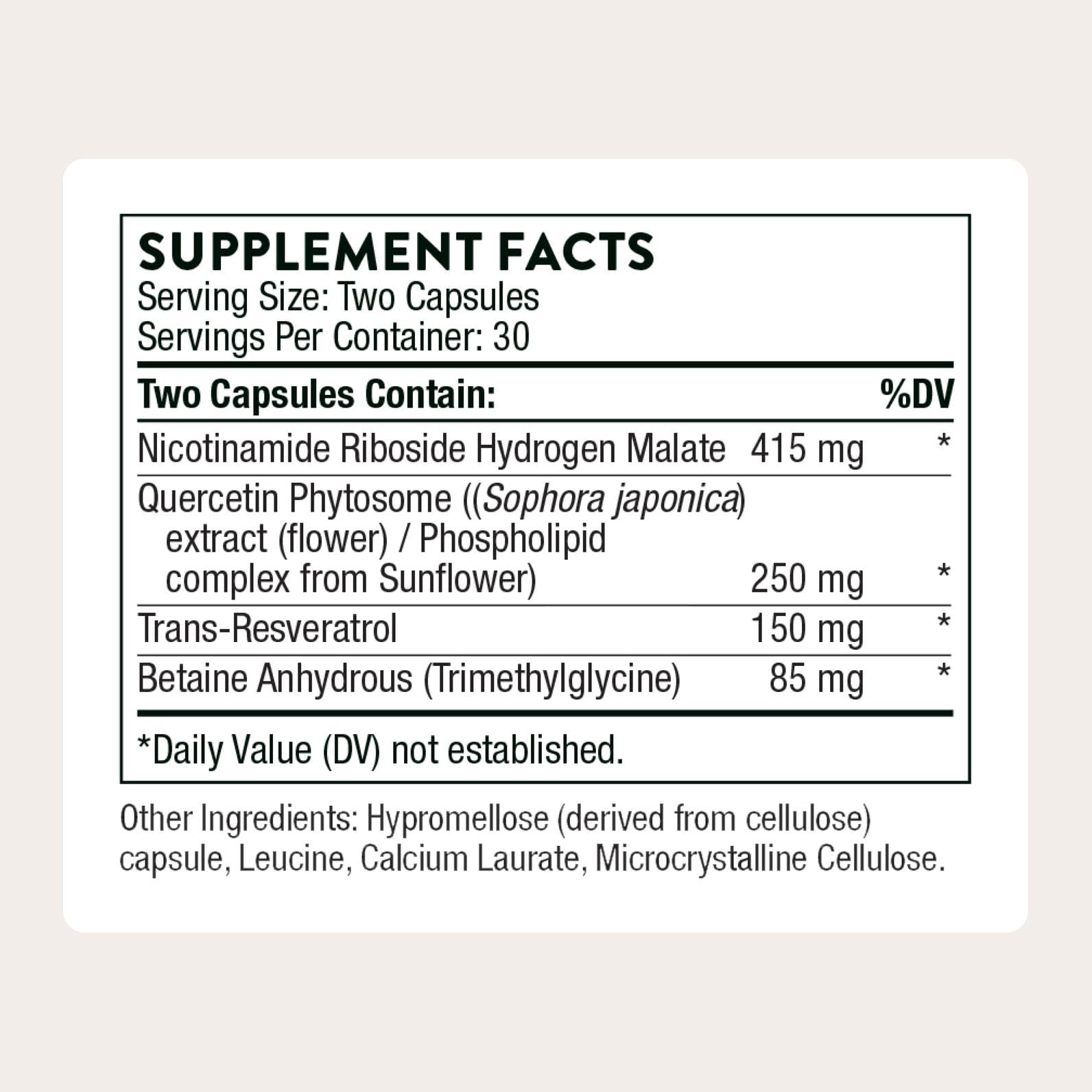 THORNE - ResveraCel - Nicotinamide Riboside with Quercetin Phytosome & Resveratrol - Support Healthy Aging, Methylation, Cellular Energy Production & Metabolism* - 30 Servings - Maple Wellness Supplements