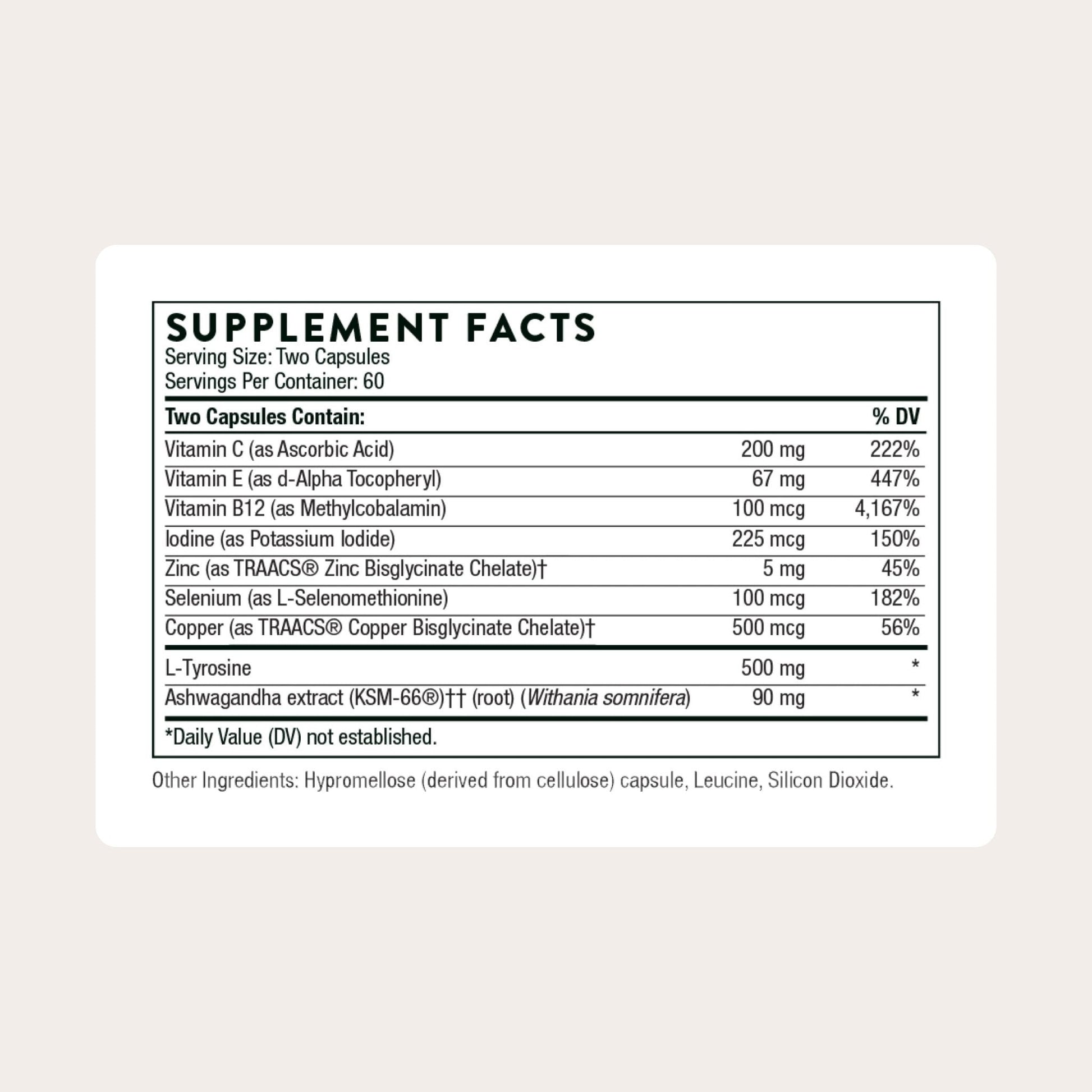THORNE - Thyroid Health Complex (Formerly Thyrocsin) - Thyroid Cofactors for Thyroid Function Support* - Vitamins B12, C & E, Ashwagandha, Iodine, Zinc, Selenium, Copper & L-Tyrosine - 60 Servings - Maple Wellness Supplements