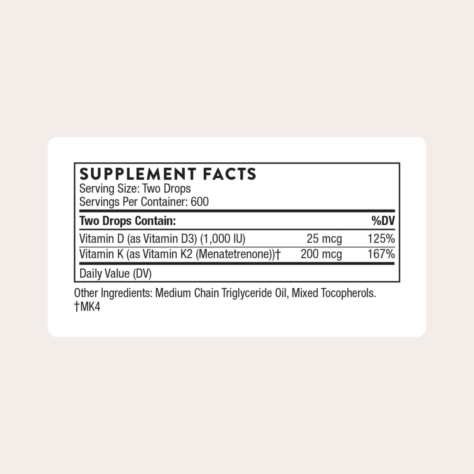 THORNE - Vitamin D + K2 Liquid with a Metered Dispenser - Vitamins D3 & K2 to Support Healthy Bones & Muscles* - 1 Fl Oz (30 ml) - 600 Servings - Maple Wellness Supplements