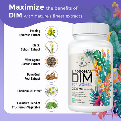ThrivyThystle Liposomal DIM 400 mg - Hormone Balance, Estrogen Support for Women, DIM Supplement with Vitamin E, Evening Primrose, Black Cohosh, Omega-3 Fatty Acids (120 Capsules) - Maple Wellness Supplements