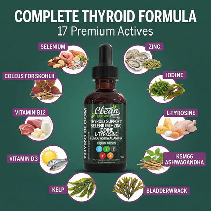 ThyroBloom Thyroid Support for Women Liquid Drops Iodine L-Tyrosine Selenium Copper Ashwagandha Zinc Kelp Bladderwrack Schisandra Guggul Turmeric Vitamin A D3 B12 - Maple Wellness Supplements