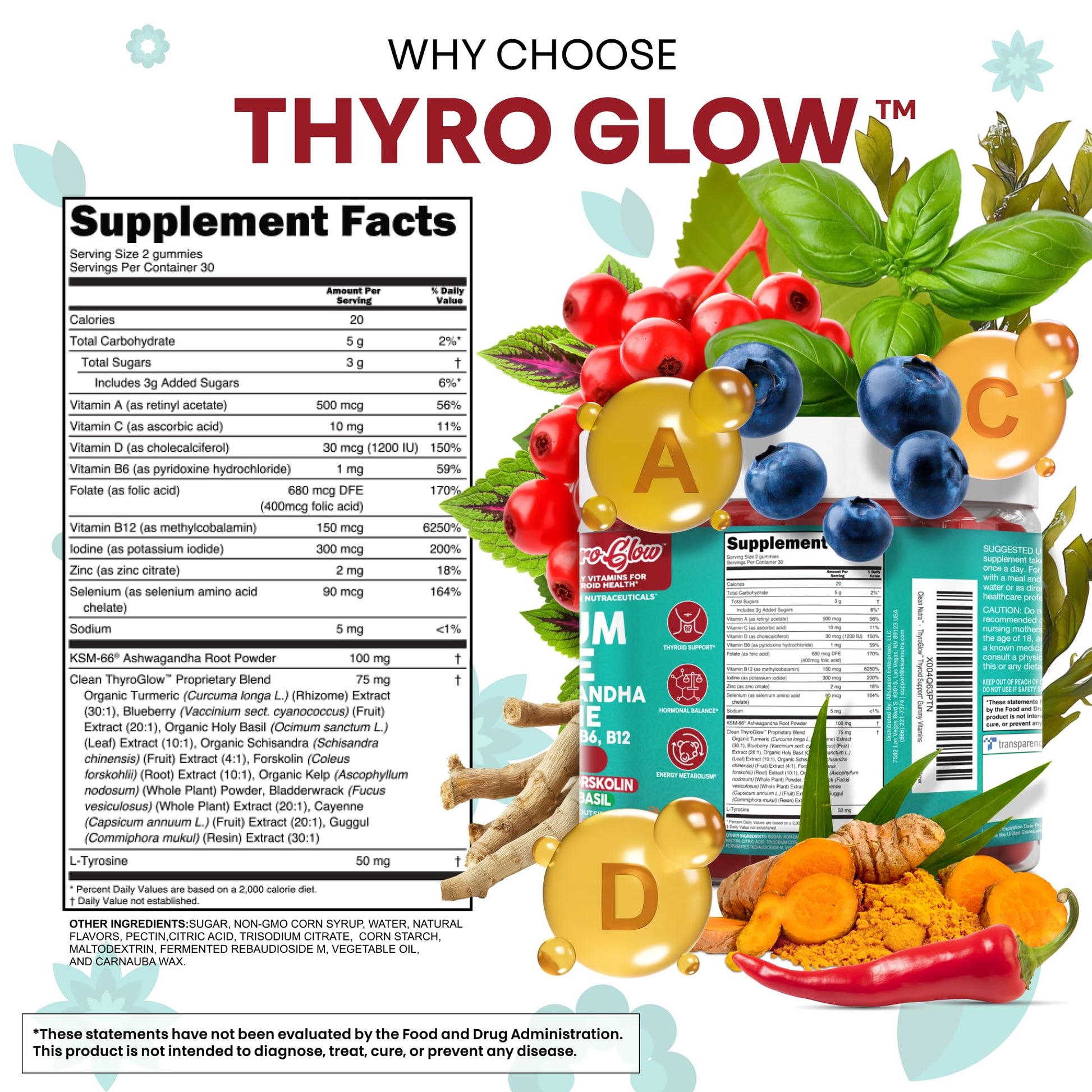 ThyroGlow Thyroid Support Gummies Selenium Iodine KSM 66 Ashwagandha L Tyrosine Vitamin D, C, B12, B6 Turmeric Blueberry Holy - Maple Wellness Supplements
