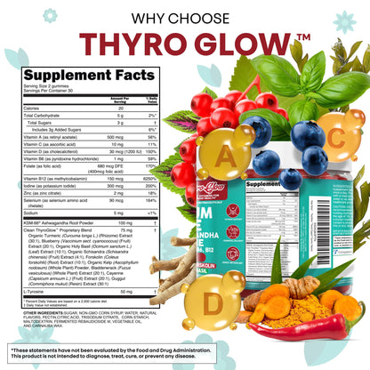ThyroGlow Thyroid Support Gummies Selenium Iodine KSM 66 Ashwagandha L Tyrosine Vitamin D, C, B12, B6 Turmeric Blueberry Holy - Maple Wellness Supplements
