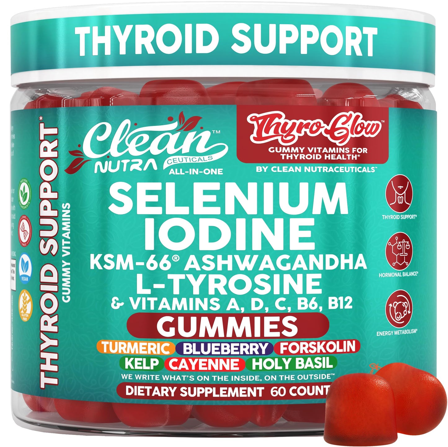 ThyroGlow Thyroid Support Gummies Selenium Iodine KSM 66 Ashwagandha L Tyrosine Vitamin D, C, B12, B6 Turmeric Blueberry Holy - Maple Wellness Supplements