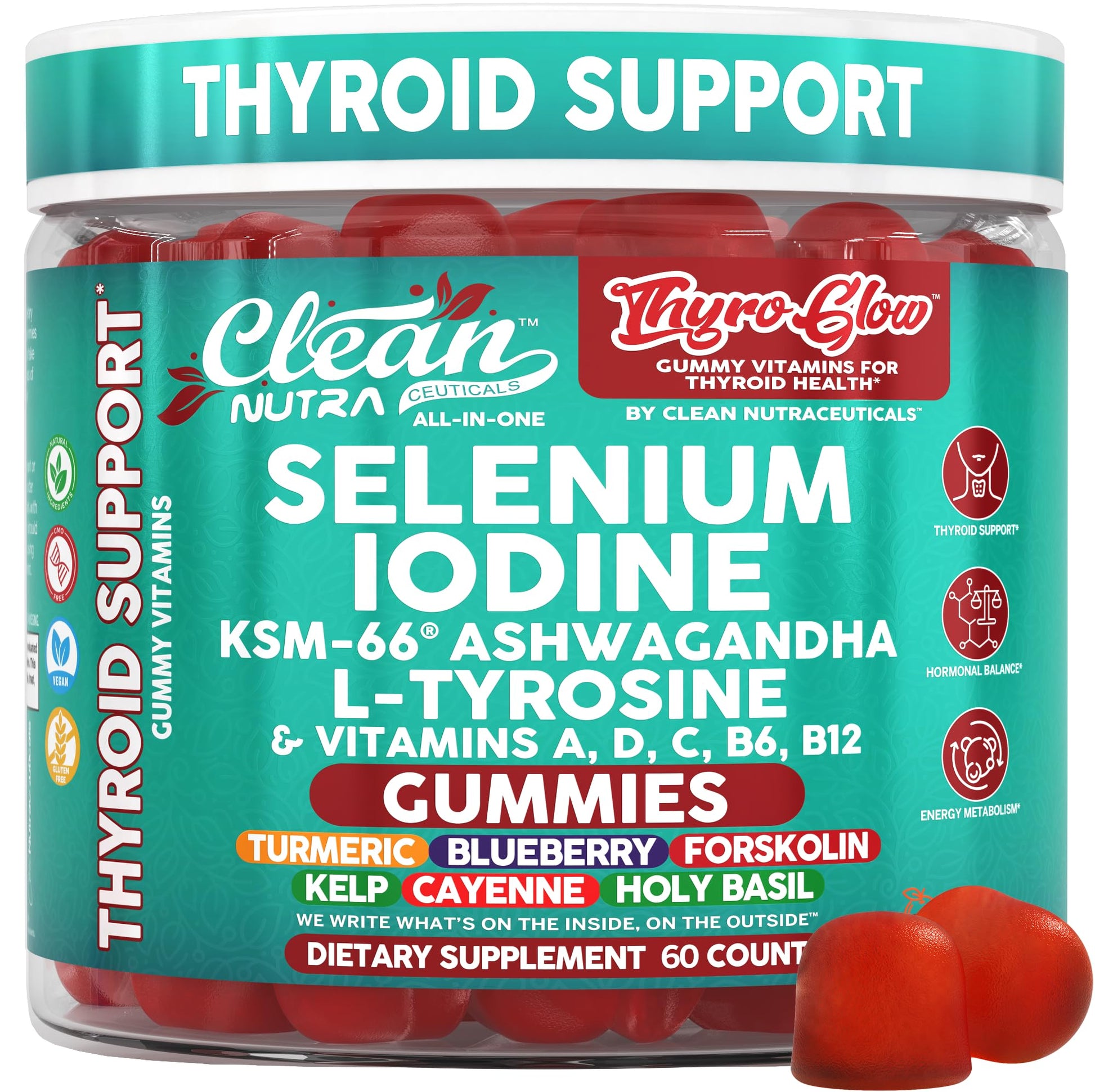 ThyroGlow Thyroid Support Gummies Selenium Iodine KSM 66 Ashwagandha L Tyrosine Vitamin D, C, B12, B6 Turmeric Blueberry Holy - Maple Wellness Supplements