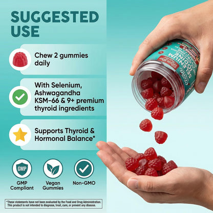 ThyroGlow Thyroid Support Gummies Selenium Iodine KSM 66 Ashwagandha L Tyrosine Vitamin D, C, B12, B6 Turmeric Blueberry Holy - Maple Wellness Supplements