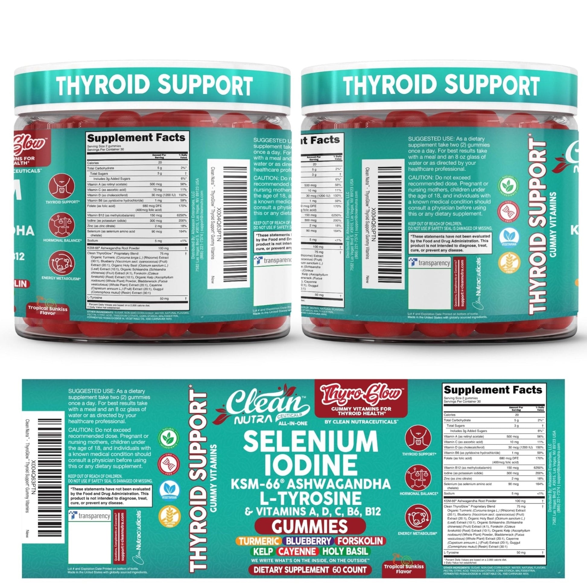 ThyroGlow Thyroid Support Gummies Selenium Iodine KSM 66 Ashwagandha L Tyrosine Vitamin D, C, B12, B6 Turmeric Blueberry Holy - Maple Wellness Supplements