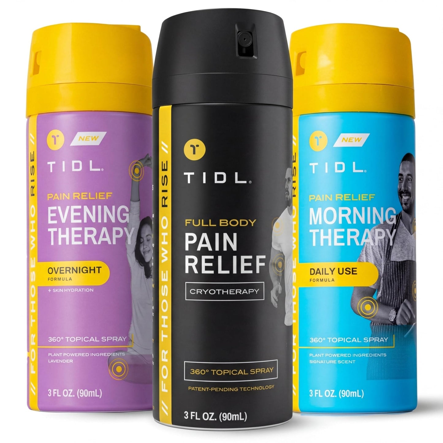 TIDL Pain Relief Spray Bundle – Morning, Cryotherapy & Evening Therapy – 3 x 3oz Sprays for Muscle, Joint, Neck, Back & Knee Pain Relief – Plant-Based Menthol Day & Night Care - Maple Wellness Supplements