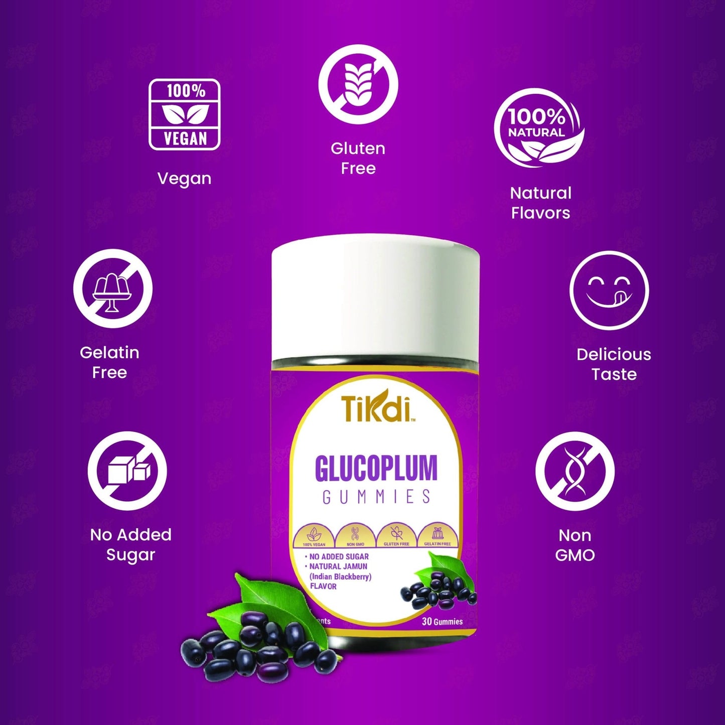 TIKDI GlucoPlum Gummy - 30 Count - Supports Healthy Blood Sugar Levels Already Within Normal Range. All Natural with Indian BlackBerry, Fenugreek, Cinnamon, Vegan, No Added Sugar - Maple Wellness Supplements