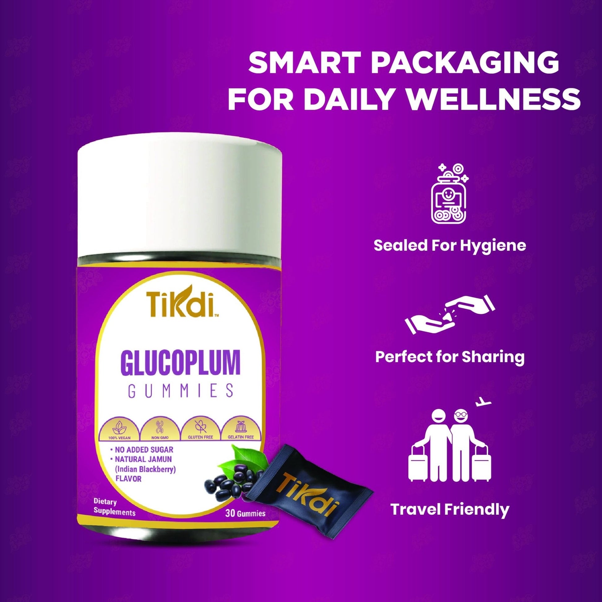 TIKDI GlucoPlum Gummy - 30 Count - Supports Healthy Blood Sugar Levels Already Within Normal Range. All Natural with Indian BlackBerry, Fenugreek, Cinnamon, Vegan, No Added Sugar - Maple Wellness Supplements