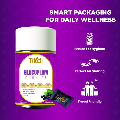 TIKDI GlucoPlum Gummy - 30 Count - Supports Healthy Blood Sugar Levels Already Within Normal Range. All Natural with Indian BlackBerry, Fenugreek, Cinnamon, Vegan, No Added Sugar - Maple Wellness Supplements