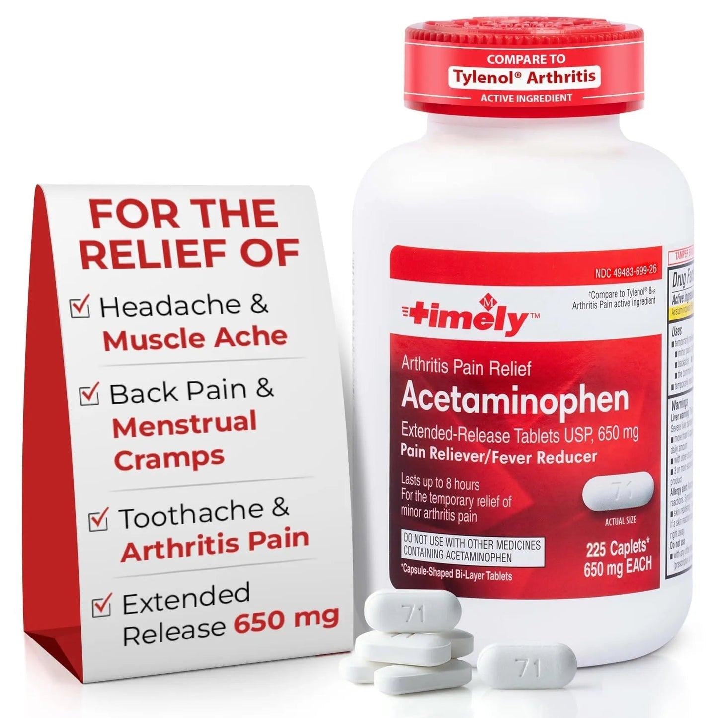 TIME-Cap Labs 225 Caplets Extended Release Acetaminophen 650mg - Pain Reliever & Fever Reducer for Adults, Helps with Headaches, Backaches, Muscle Pain, Toothaches & Menstrual Cramps - Maple Wellness Supplements