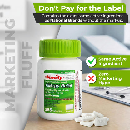 TIME-Cap Labs 365 Tablets Cetirizine HCl 10mg Allergy Relief - Antihistamine for Adults & Children Age 6+, Helps Relieve Sneezing, Runny Nose, Itchy Watery Eyes & Itchy Throat - Maple Wellness Supplements