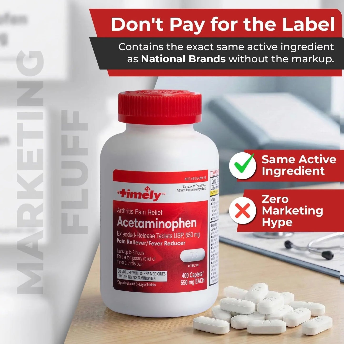 TIME-Cap Labs 400 Caplets Extended Release Acetaminophen 650mg - Pain Reliever & Fever Reducer for Adults, Helps with Headaches, Backaches, Muscle Pain, Toothaches, Arthritis & Menstrual Cramps - Maple Wellness Supplements