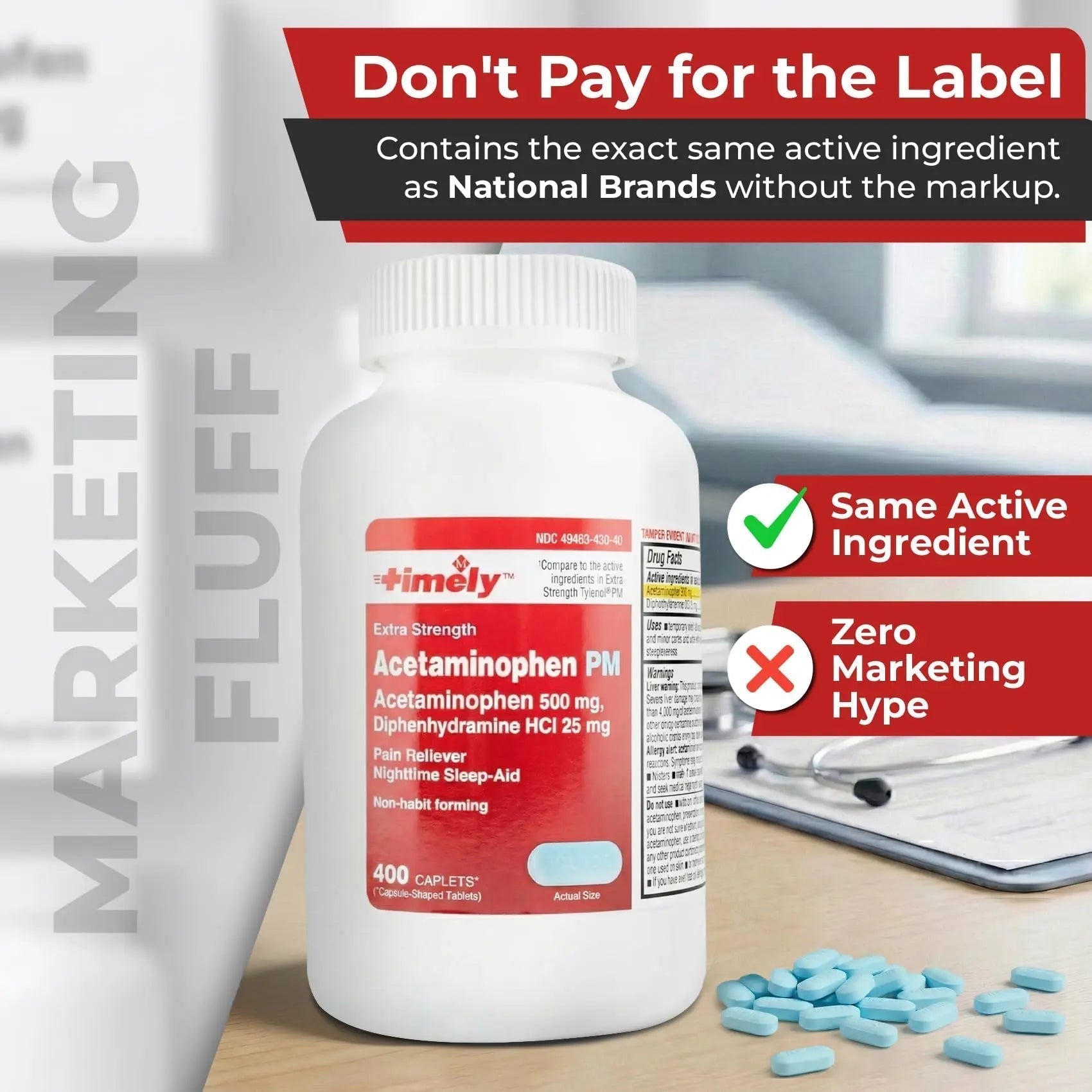 TIME-Cap Labs 400 Caplets Extra Strength Acetaminophen 500mg PM & Diphenhydramine HCl 25mg - PM Pain Reliever & Sleep Aid, Helps with Occasional Headaches & Minor Aches & Pains - Maple Wellness Supplements