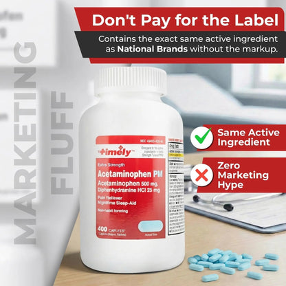 TIME-Cap Labs 400 Caplets Extra Strength Acetaminophen 500mg PM & Diphenhydramine HCl 25mg - PM Pain Reliever & Sleep Aid, Helps with Occasional Headaches & Minor Aches & Pains - Maple Wellness Supplements