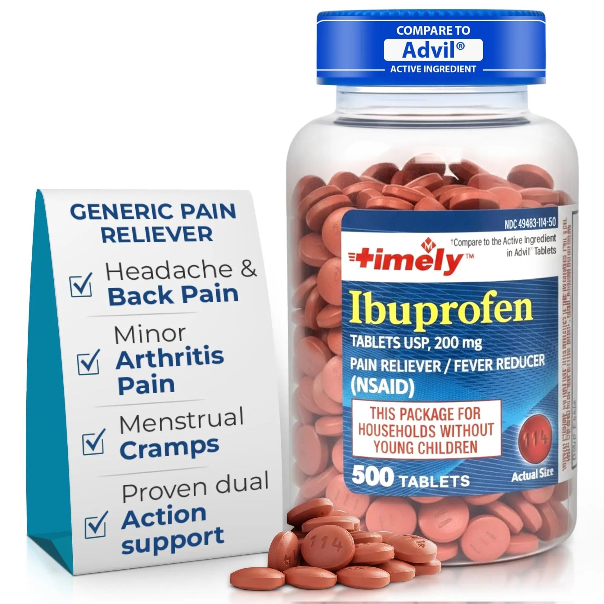 TIME-Cap Labs 500 Tablets Ibuprofen 200mg Coated - Pain Reliever & Fever Reducer (NSAID) for Adults, Helps with Headache, Back Pain, Muscle Aches, Toothaches, Menstrual Cramps & Minor Arthritis Pain - Maple Wellness Supplements