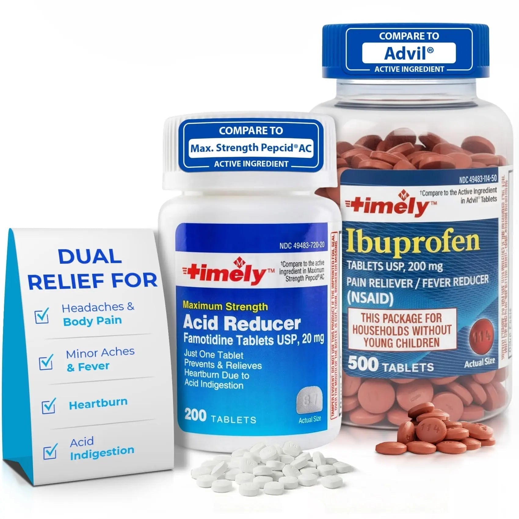 TIME-Cap Labs Ibuprofen 200mg (500 Tablets) & Famotidine 20mg Acid Reducer (200 Tablets) Bundle - Fever, Pain Reliever Pills for Headaches & Heartburn Relief Medicine for Acid Reflux & Indigestion - Maple Wellness Supplements