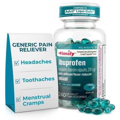 TIME-CAP LABS, INC. Timely Ibuprofen 200mg - 240 Liquid Mini Softgels - Headache Relief, Menstrual Pain, Tooth Ache Muscular Aches & Arthritis Pain - Maple Wellness Supplements