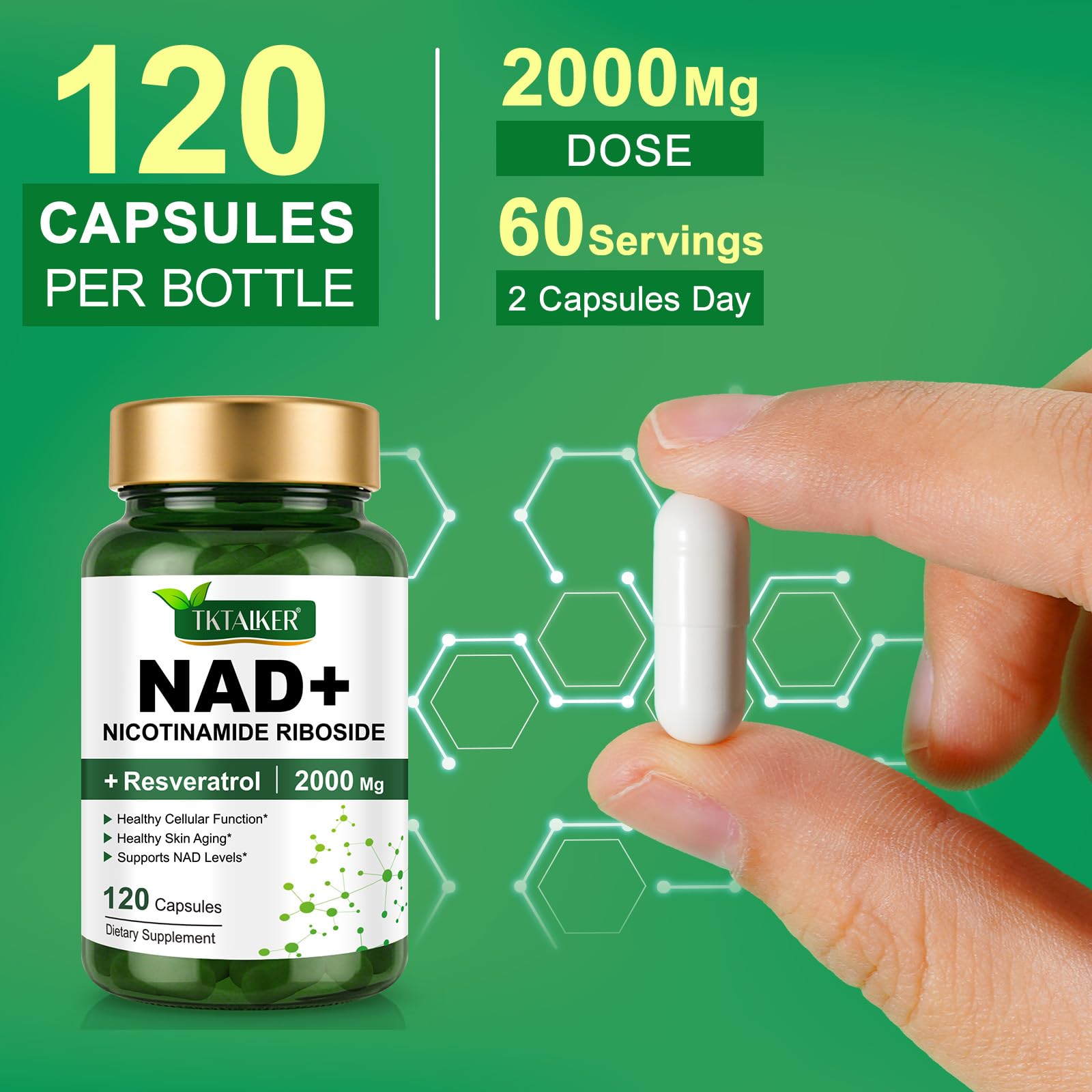 TKTALKER NAD Supplement 2000 Mg - 120 Capsules True NAD & Resveratrol, NMN Alternative Liposomal NAD+ for Women & Men, Support Cellular Health - Maple Wellness Supplements