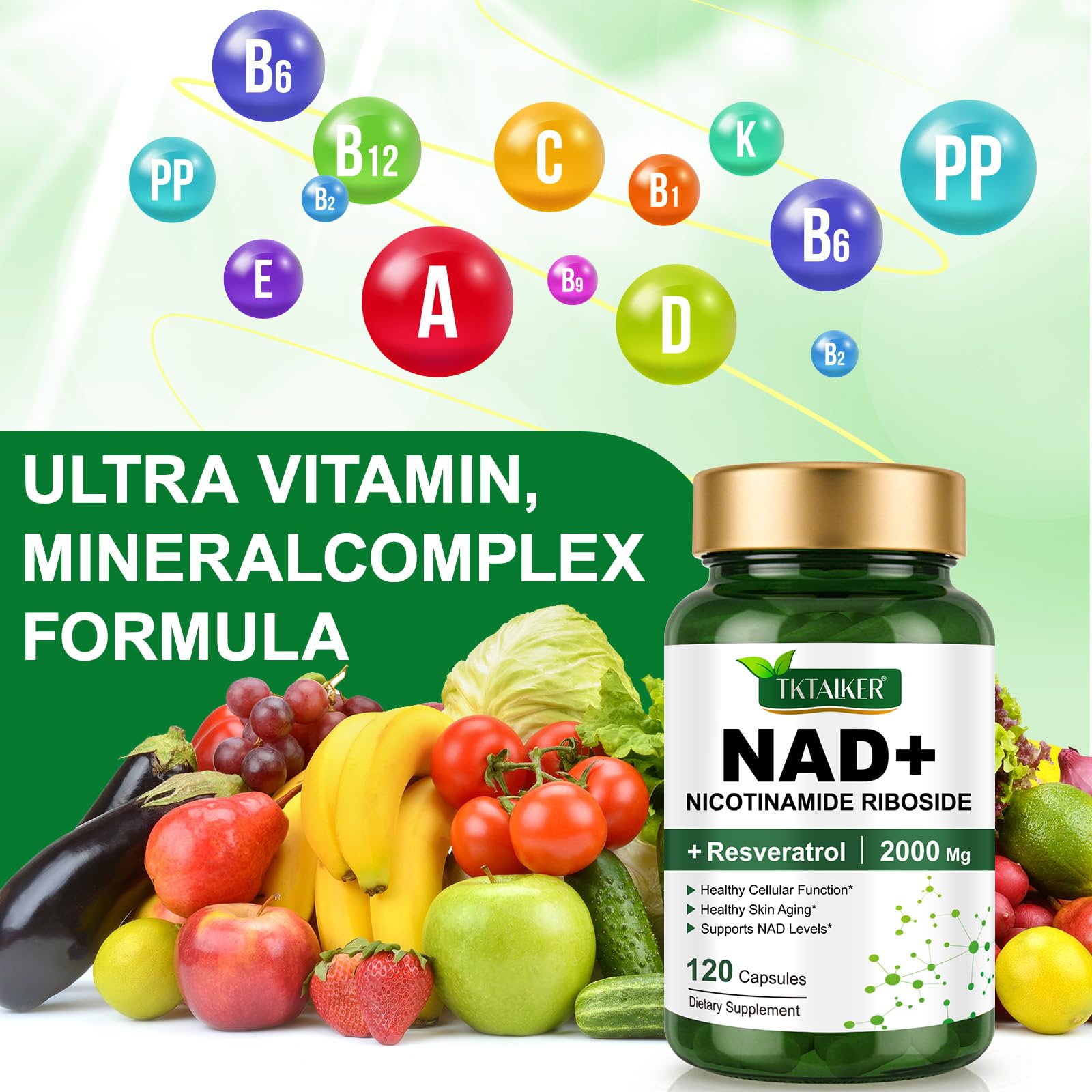 TKTALKER NAD Supplement 2000 Mg - 120 Capsules True NAD & Resveratrol, NMN Alternative Liposomal NAD+ for Women & Men, Support Cellular Health - Maple Wellness Supplements