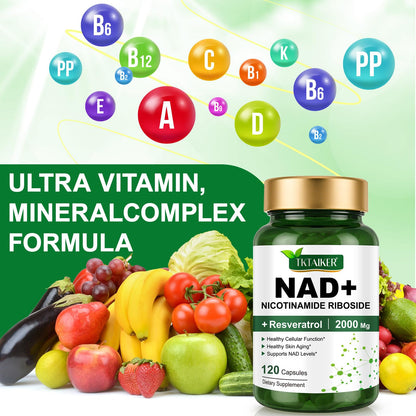 TKTALKER NAD Supplement 2000 Mg - 120 Capsules True NAD & Resveratrol, NMN Alternative Liposomal NAD+ for Women & Men, Support Cellular Health - Maple Wellness Supplements