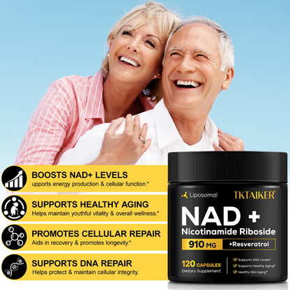 TKTALKER NAD Supplement, 910MG Liposomal Nicotinamide Riboside with Resveratrol & Quercetin, Anti-Aging, Cellular Energy, Mental Focus & Stamina & Healthy, Women & Men, 120 Capsules - Maple Wellness Supplements