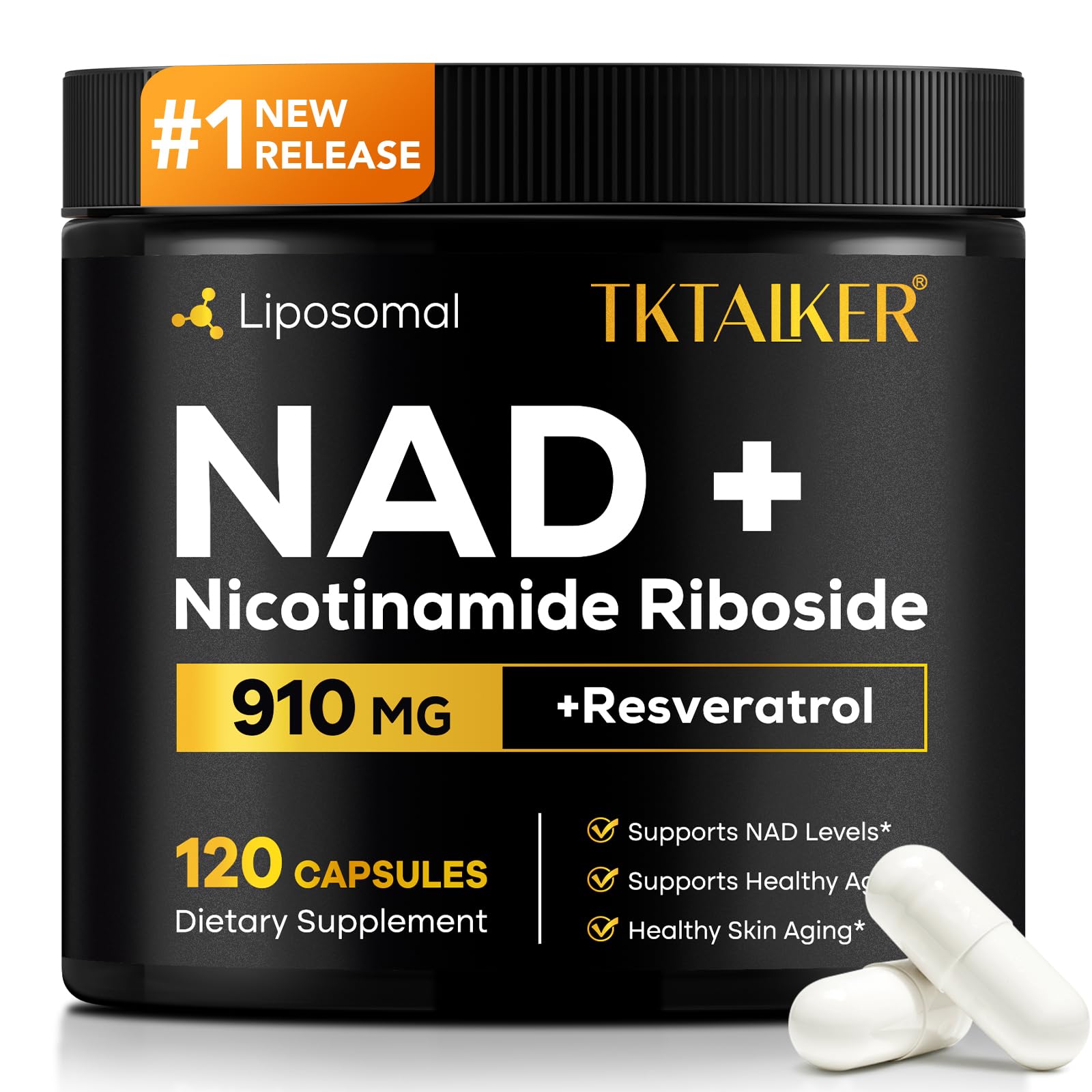 TKTALKER NAD Supplement, 910MG Liposomal Nicotinamide Riboside with Resveratrol & Quercetin, Anti-Aging, Cellular Energy, Mental Focus & Stamina & Healthy, Women & Men, 120 Capsules - Maple Wellness Supplements