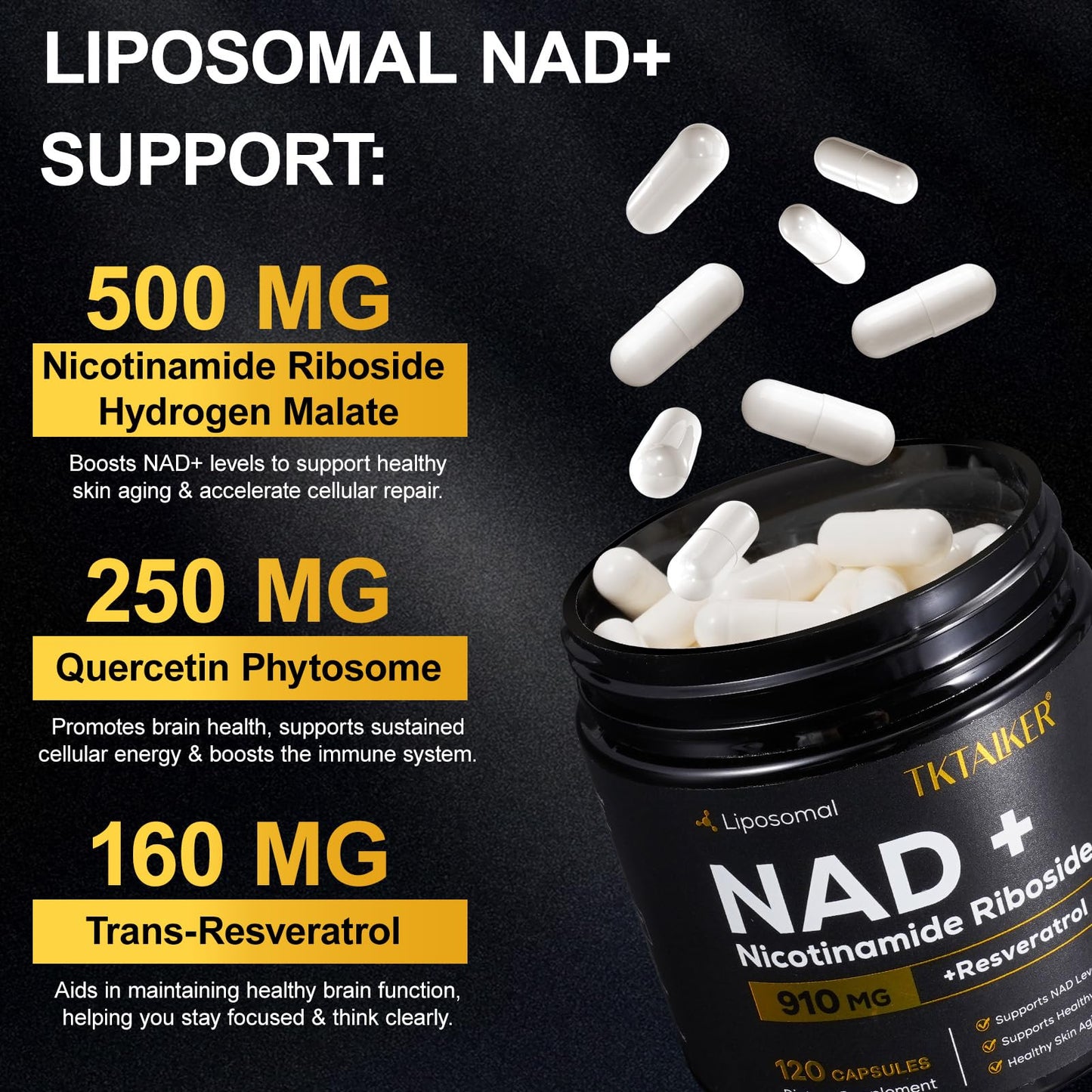 TKTALKER NAD Supplement, 910MG Liposomal Nicotinamide Riboside with Resveratrol & Quercetin, Anti-Aging, Cellular Energy, Mental Focus & Stamina & Healthy, Women & Men, 120 Capsules - Maple Wellness Supplements