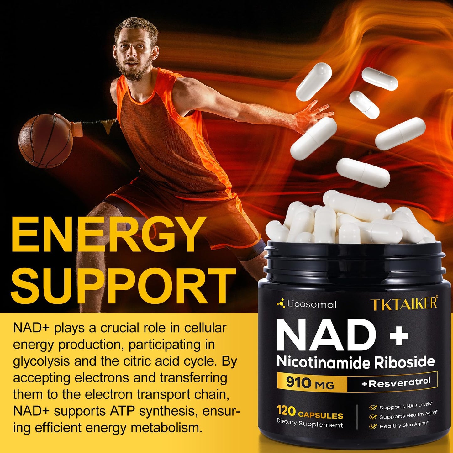 TKTALKER NAD Supplement, 910MG Liposomal Nicotinamide Riboside with Resveratrol & Quercetin, Anti-Aging, Cellular Energy, Mental Focus & Stamina & Healthy, Women & Men, 120 Capsules - Maple Wellness Supplements