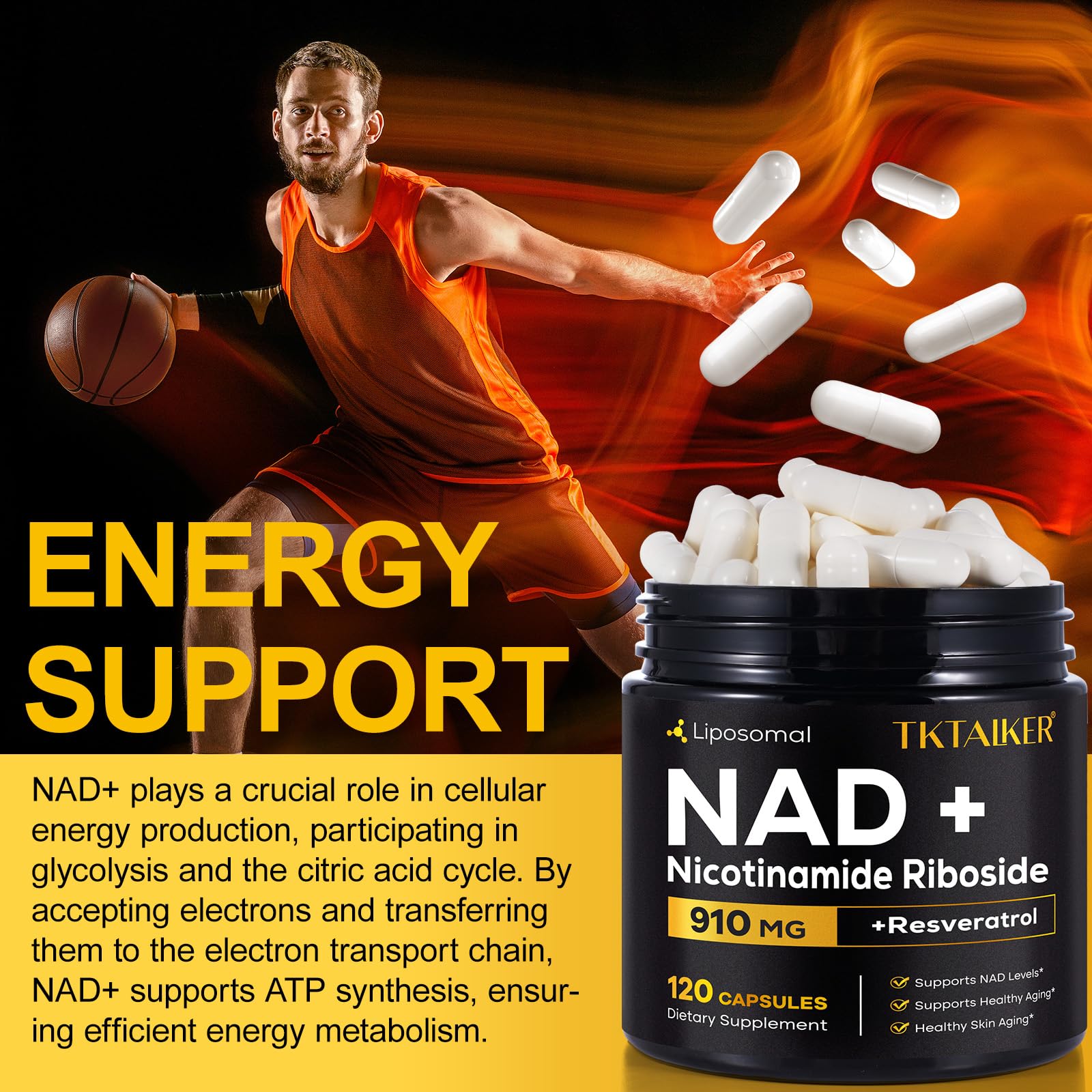 TKTALKER NAD Supplement, 910MG Liposomal Nicotinamide Riboside with Resveratrol & Quercetin, Anti-Aging, Cellular Energy, Mental Focus & Stamina & Healthy, Women & Men, 120 Capsules - Maple Wellness Supplements