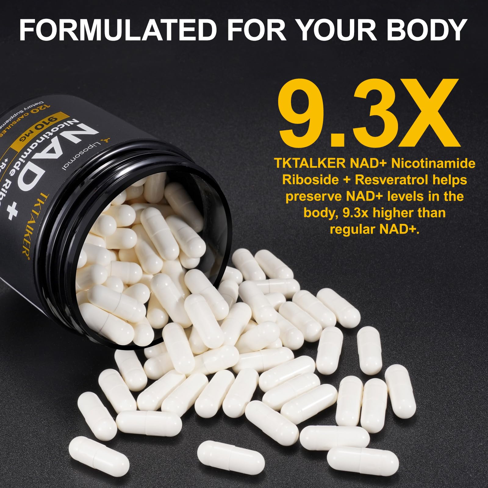 TKTALKER NAD Supplement, 910MG Liposomal Nicotinamide Riboside with Resveratrol & Quercetin, Anti-Aging, Cellular Energy, Mental Focus & Stamina & Healthy, Women & Men, 120 Capsules - Maple Wellness Supplements