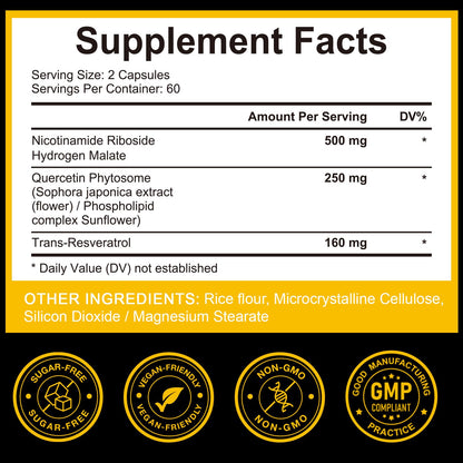 TKTALKER NAD Supplement, 910MG Liposomal Nicotinamide Riboside with Resveratrol & Quercetin, Anti-Aging, Cellular Energy, Mental Focus & Stamina & Healthy, Women & Men, 120 Capsules - Maple Wellness Supplements